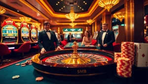 A lively casino scene showcasing the thrill of gambling, with a roulette table, chips, and the keyword 5MB integrated into the ambiance.