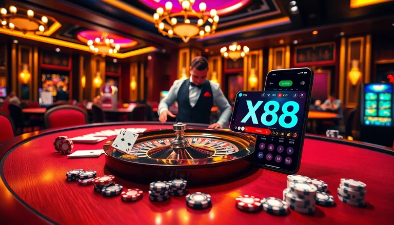 X88 online gambling excitement at a luxurious casino table with vibrant atmosphere.