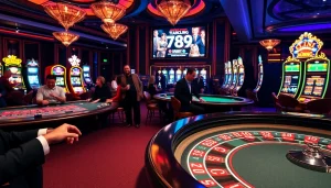 Players celebrating wins at 789club's vibrant casino tables with chips and cards.