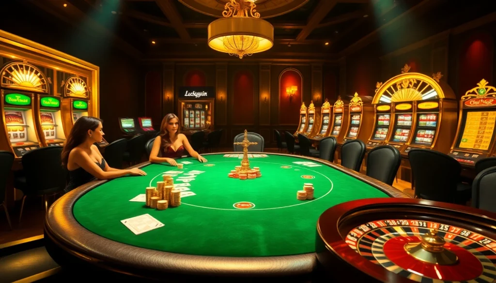 Excited players at LuckyWin casino engaged in poker with vibrant chips and cards.