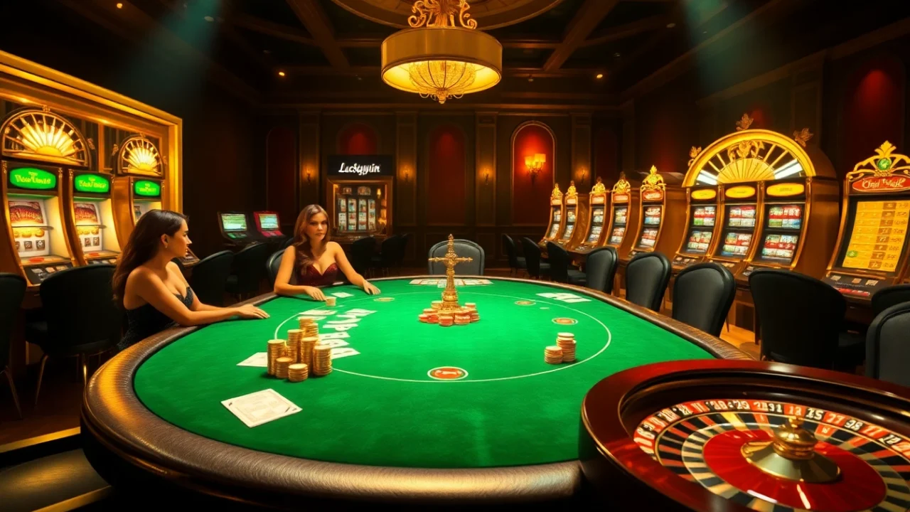 Excited players at LuckyWin casino engaged in poker with vibrant chips and cards.