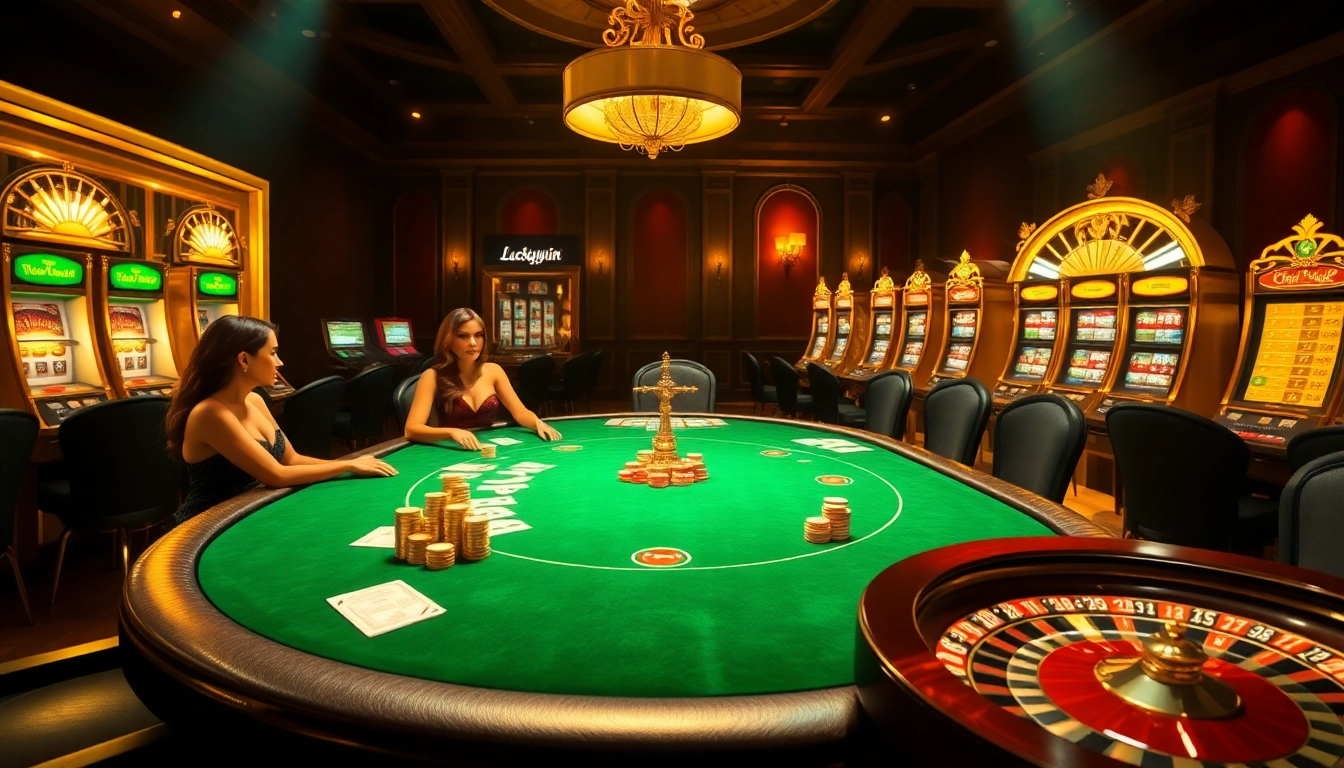 Excited players at LuckyWin casino engaged in poker with vibrant chips and cards.