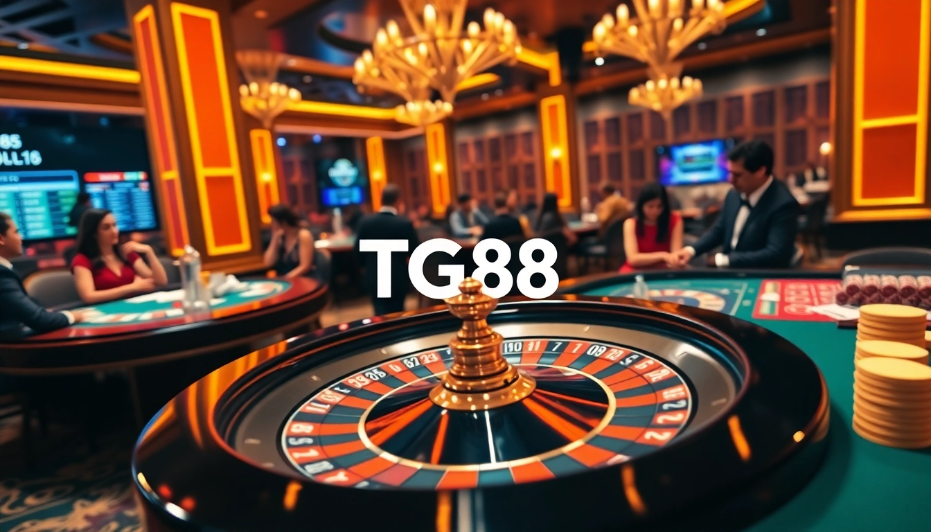 Experience the thrill of betting at https://tg88-casino.com/ with a vibrant casino atmosphere featuring eager players and roulette tables.