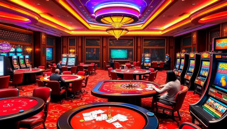 Bong99 players engaged in thrilling blackjack and poker games in a luxury casino setting.