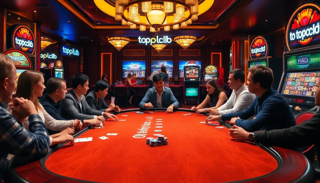 Players enjoying high-stakes poker at topclub casino, featuring vibrant slot machines and casino elements.