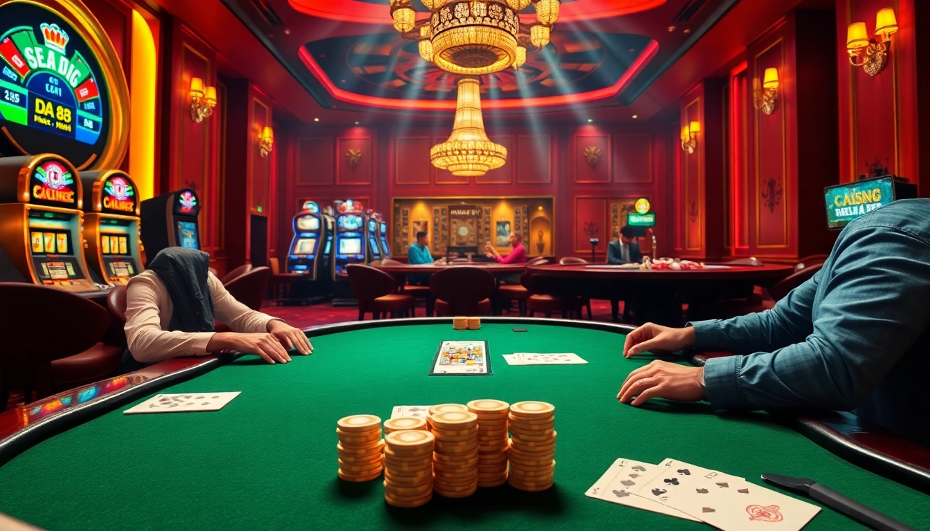 Engaged players strategizing at a DA88-inspired poker table in an upscale casino setting.