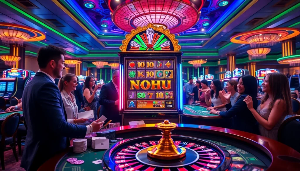Nohu-themed slot machine surrounded by enthusiastic players celebrating their wins in a vibrant casino atmosphere.