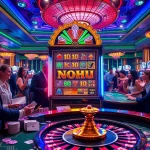 Nohu-themed slot machine surrounded by enthusiastic players celebrating their wins in a vibrant casino atmosphere.