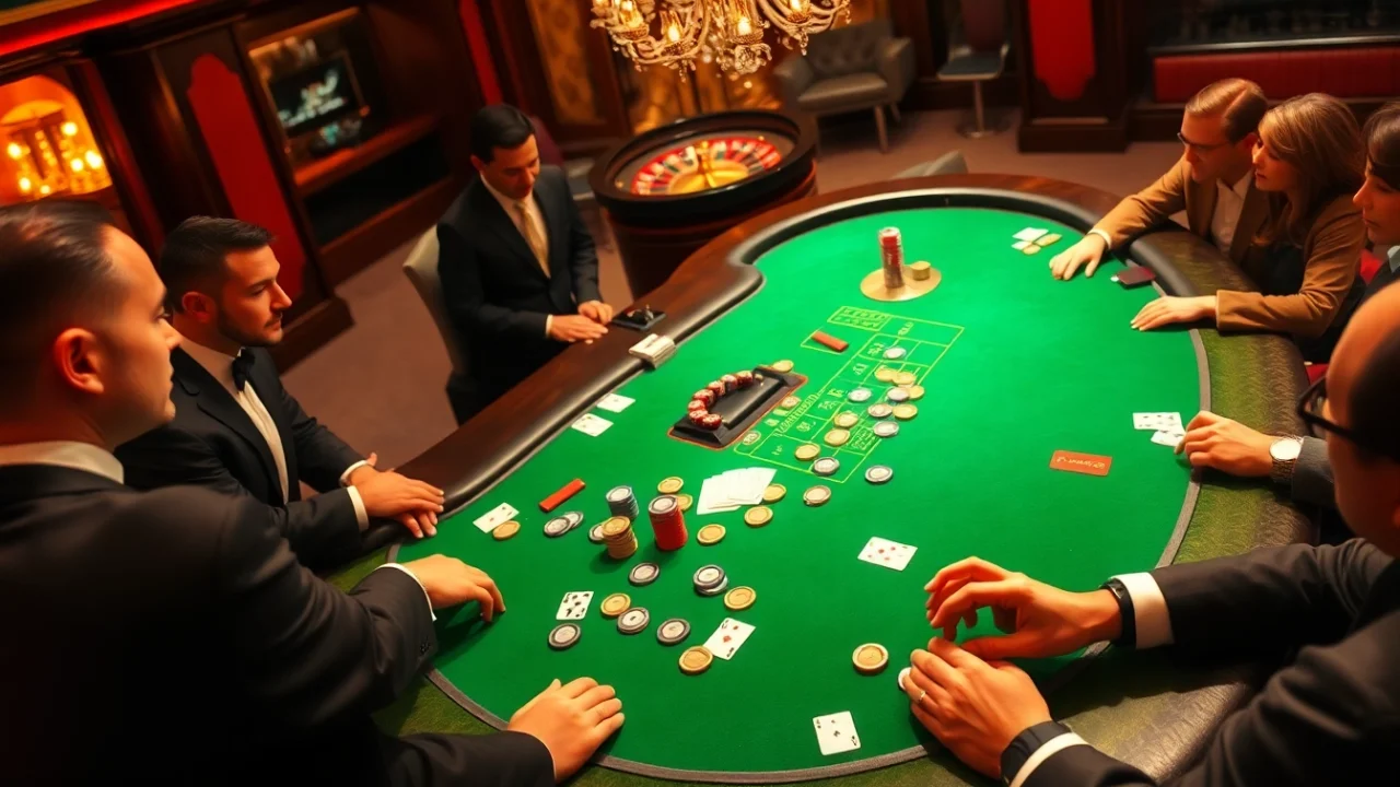 Players engage at a poker table with 5MB stakes, showcasing chips and cards in a vibrant casino atmosphere.