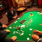 Players engage at a poker table with 5MB stakes, showcasing chips and cards in a vibrant casino atmosphere.
