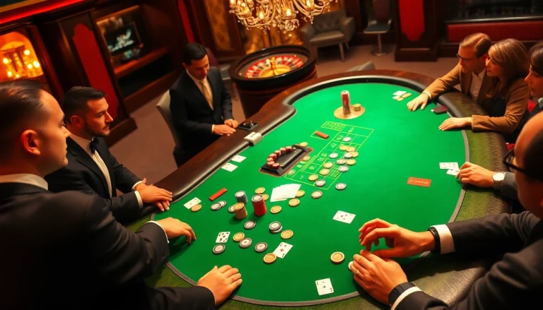 Players engage at a poker table with 5MB stakes, showcasing chips and cards in a vibrant casino atmosphere.