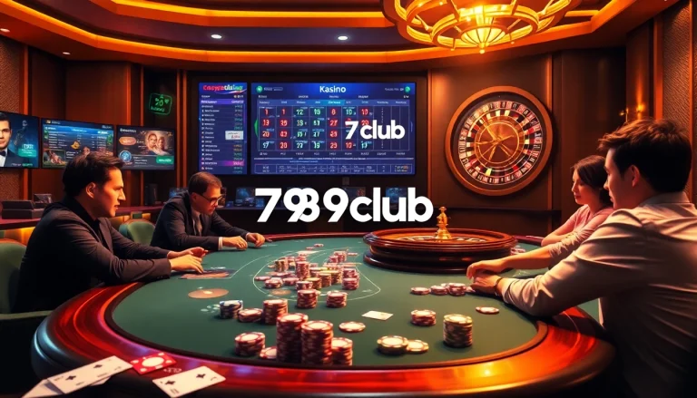Engage in thrilling gameplay at 789club with vibrant poker tables, roulette, and gaming screens.