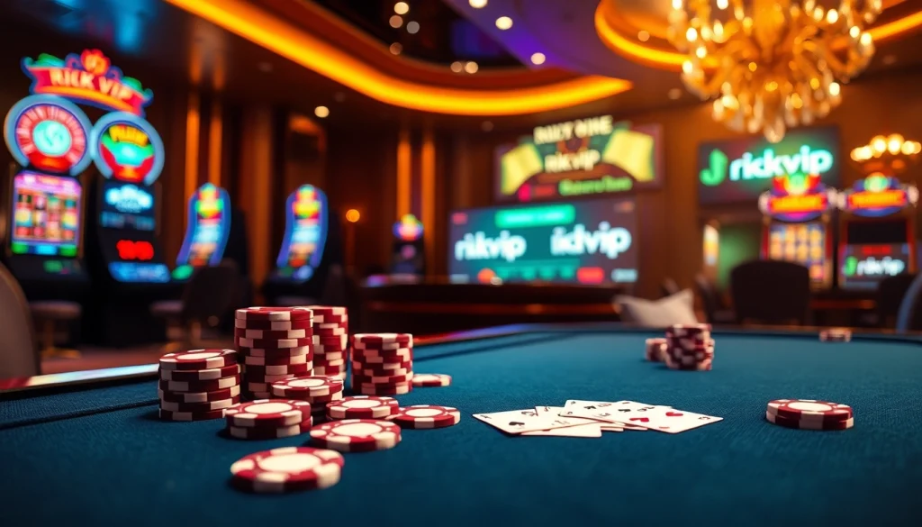Engaged gamblers enjoy a thrilling experience at the rik vip casino table with vibrant poker chips and cards.