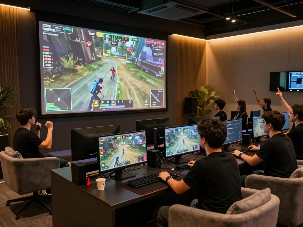 Fans engaging in esports betting on CS:GO matches at 88FC's high-tech gaming lounge.