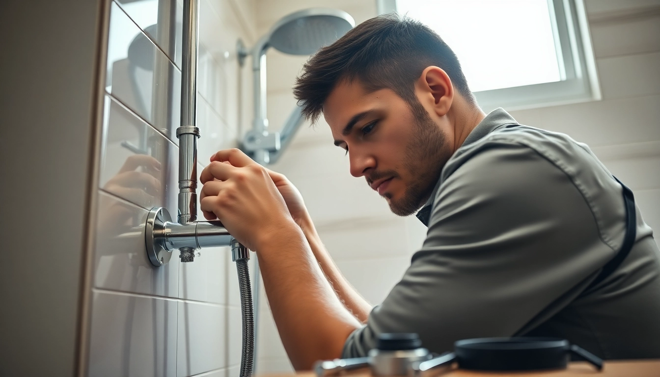 Fixing a shower not working with tools in a modern bathroom.