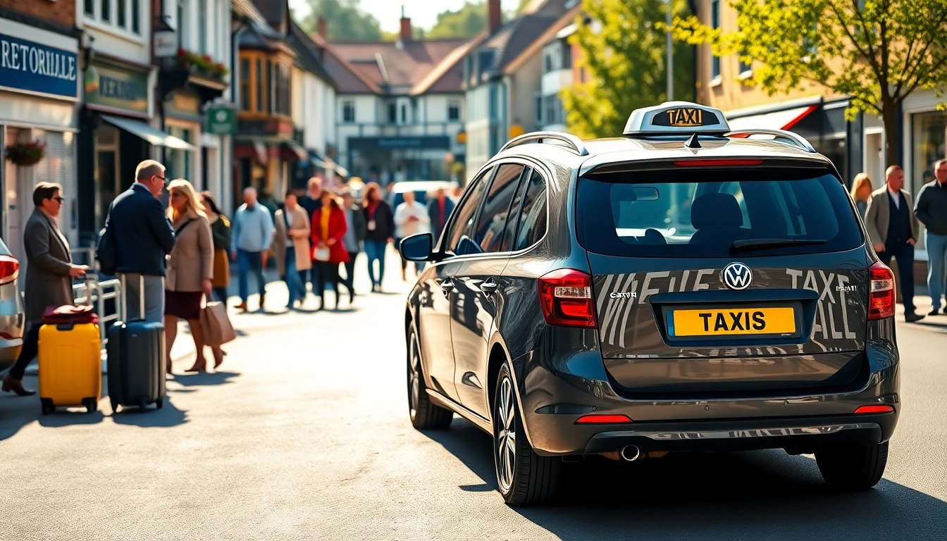 Taxi service in Hersham showcasing a modern vehicle on a lively street.