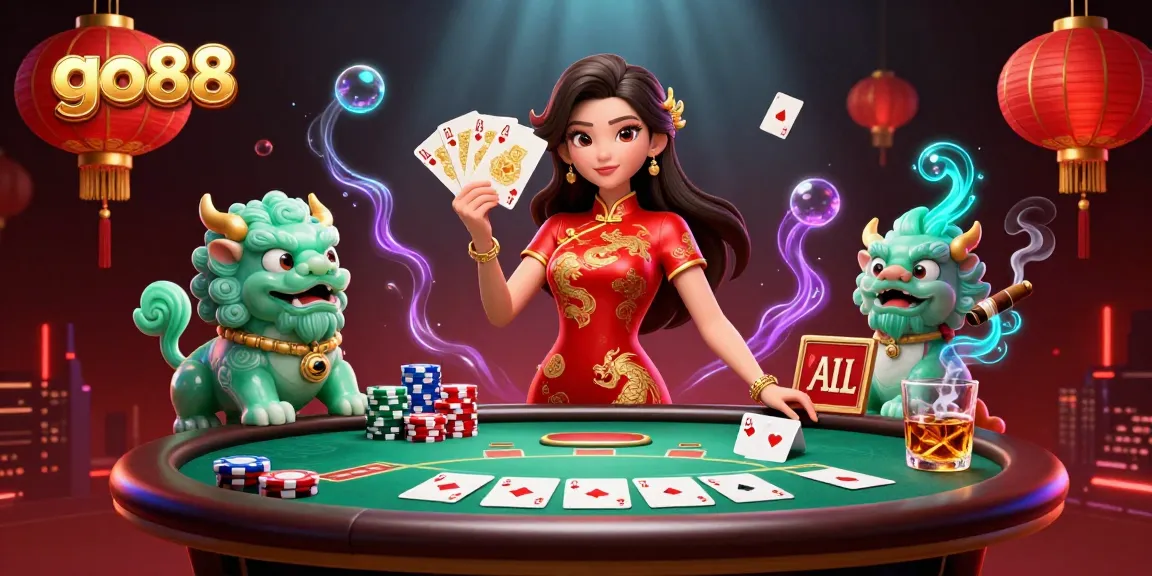 Experience go88 with the dynamic casino scene featuring a red qipao woman and vibrant gambling elements.