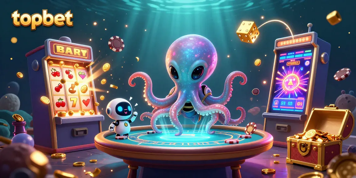 Join the excitement of topbet as an alien octopus plays poker in a dazzling casino scene.