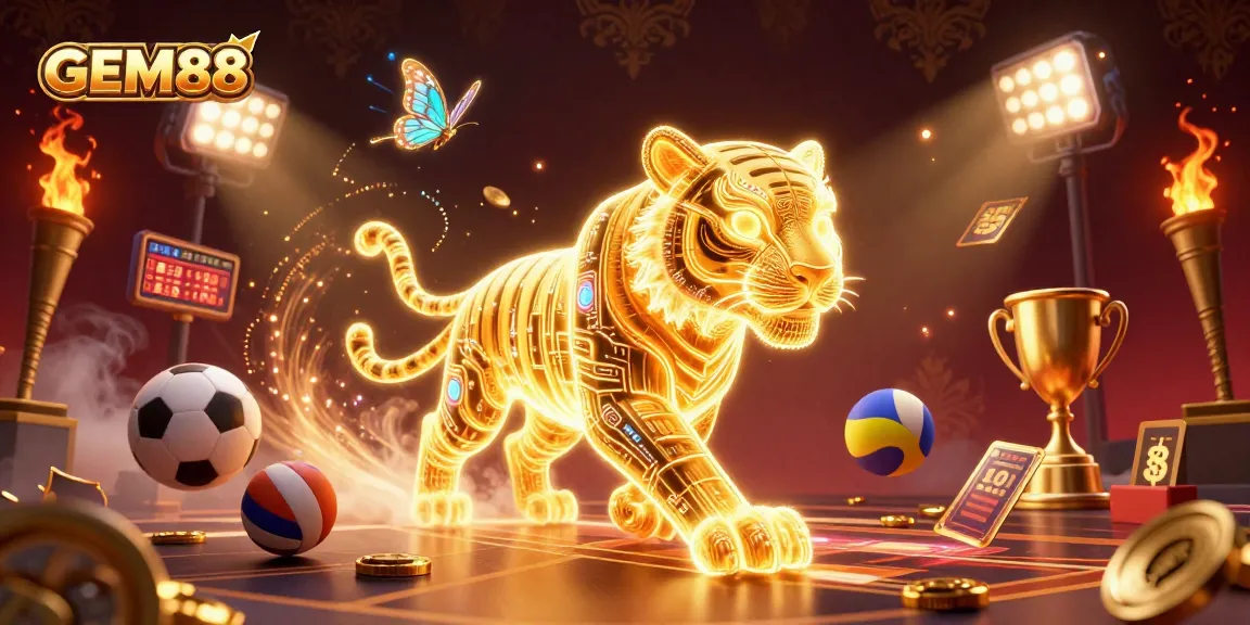 Engage with GEM88 in this vibrant digital casino scene featuring a golden tiger and sports elements.