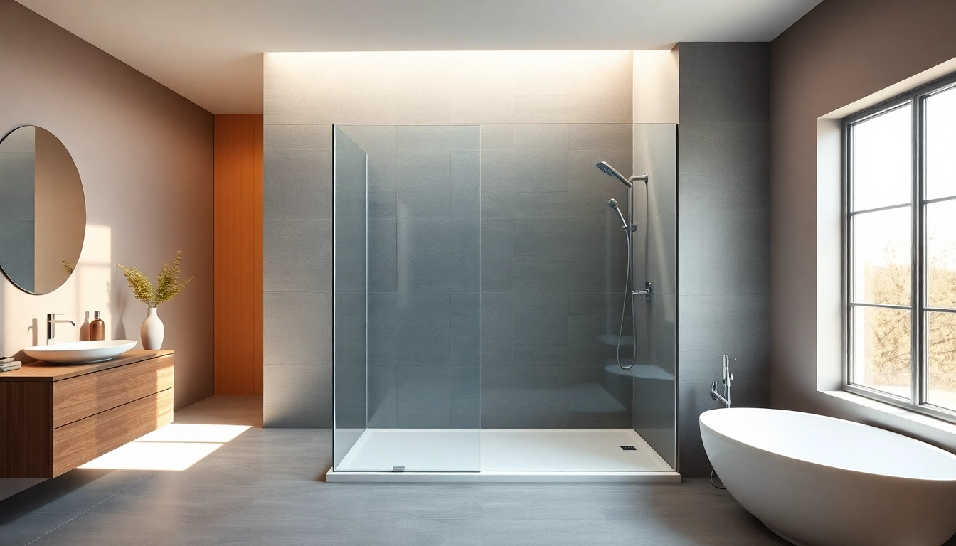 A modern wet room shower featuring a sleek glass screen and elegant design.