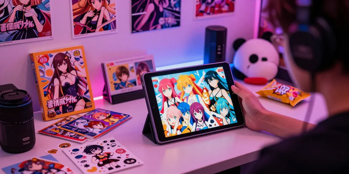 Player immersed in a hentai game experience with colorful visuals and gaming merch.