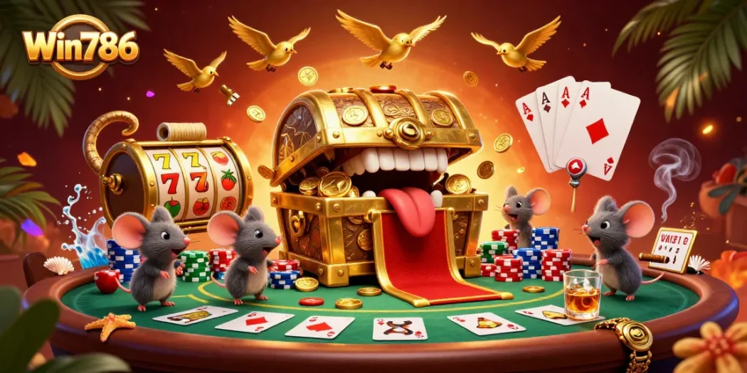 Win786 showcases an exciting gaming scene with a treasure chest, poker, and vibrant slot elements.