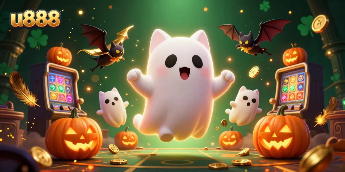 Win big at u888 with a lively ghost cat and a bat companion amidst enchanting casino elements.