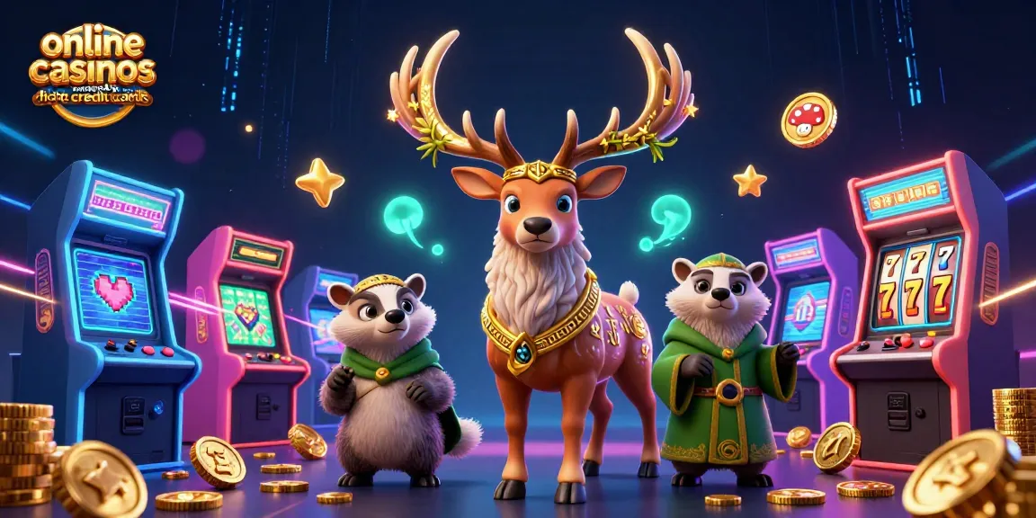 Engage with online casinos that accept credit cards featuring a 3D cartoon scene of a stag, badger, and vibrant game elements.