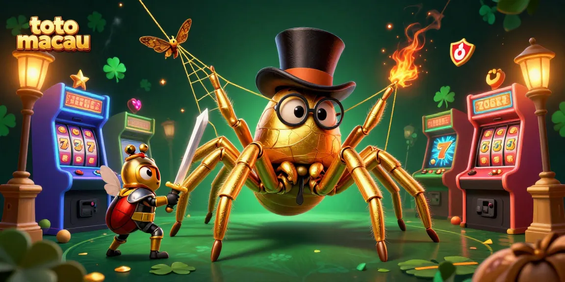 Toto Macau scene with golden tarantula and beetle knight amidst vibrant casino elements