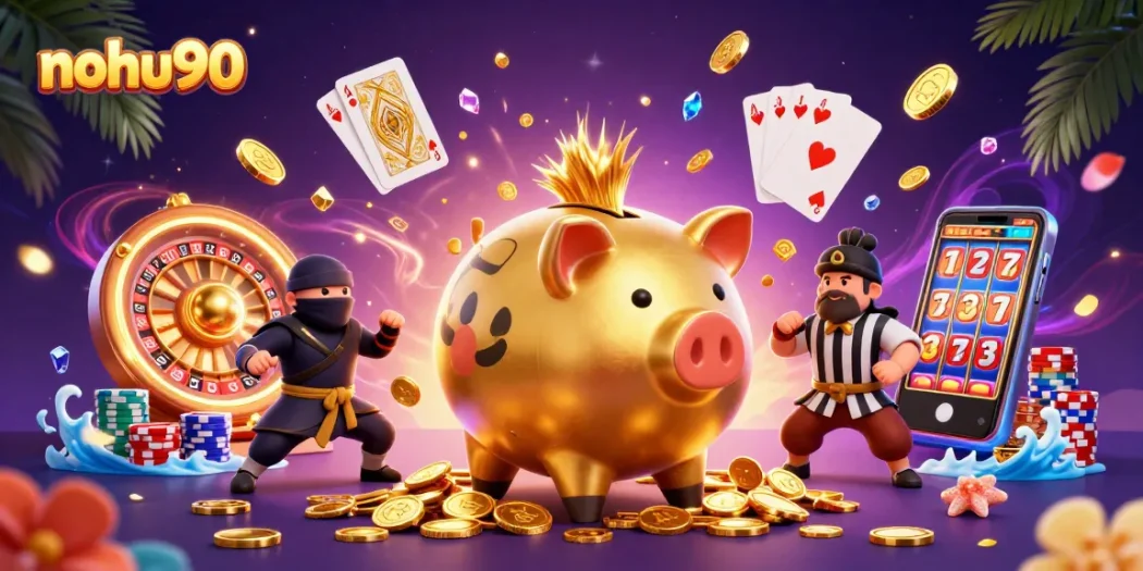 Engage with nohu90's vibrant casino atmosphere featuring a golden piggy bank sumo wrestler and dynamic action.