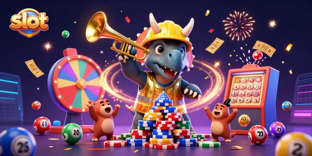 Experience thrilling slot gameplay with a festive scene of colorful elements and characters celebrating.
