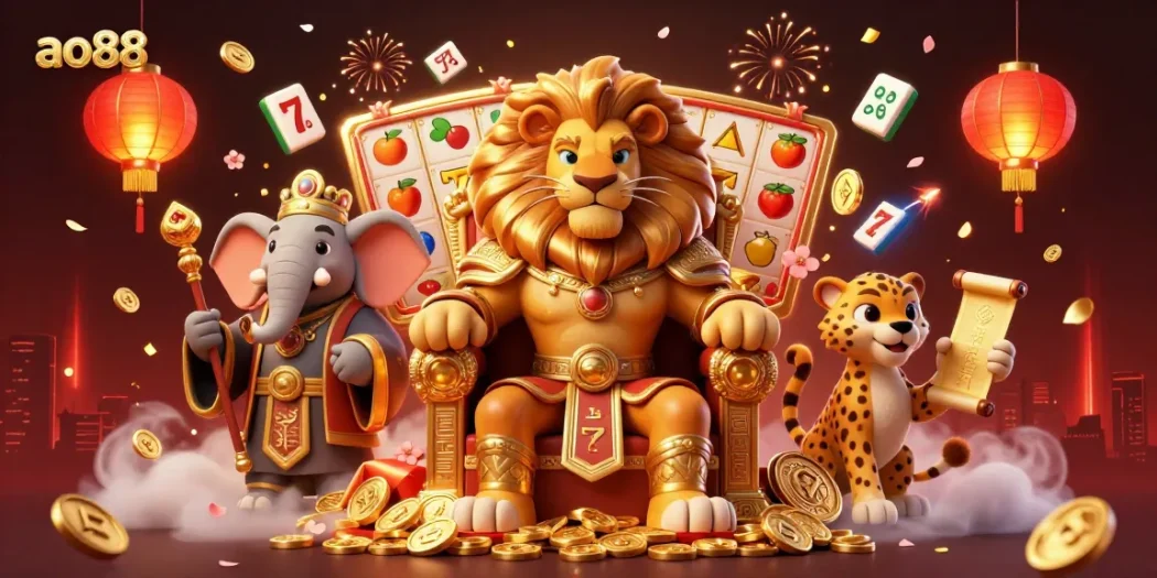 Spin the reels with ao88's majestic lion king, vibrant slot game elements, and an exciting atmosphere.