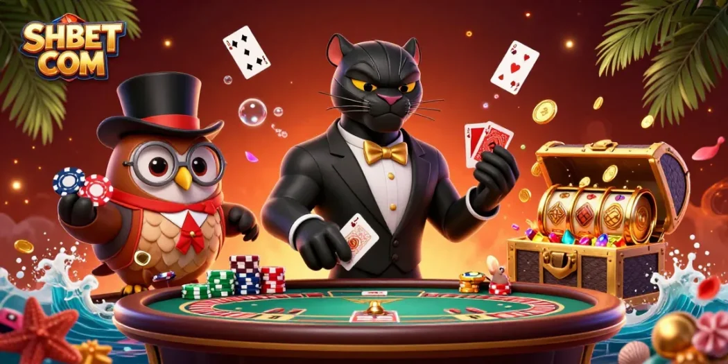Experience thrilling gameplay at SHBET COM with a stylish panther dealer and exciting casino elements.