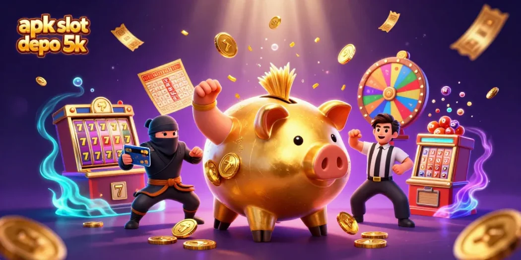 Spin to win with apk slot depo 5k featuring animated characters in a lively casino scene.