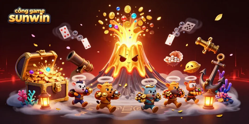 Engaging scene of cổng game sunwin featuring a golden volcano erupting treasures while explorer animals flee with gems.