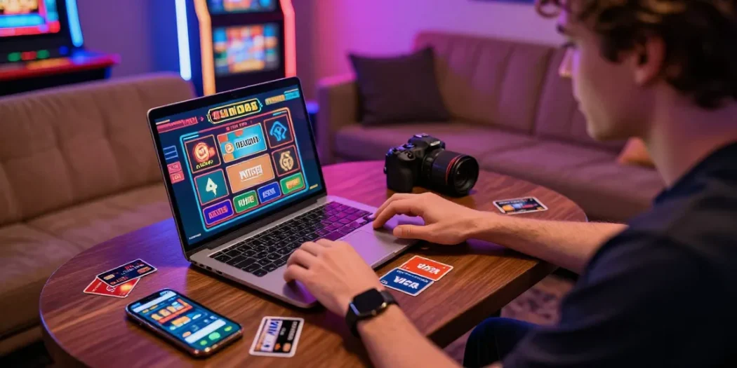 Exciting scene of a player enjoying slots at casinos that accept credit cards, with cards and a smartphone visible.