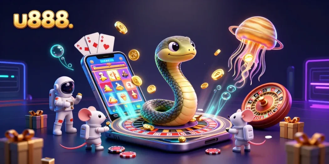 Play exciting games with u888. in a vibrant and colorful 3D casino scene featuring unique characters.